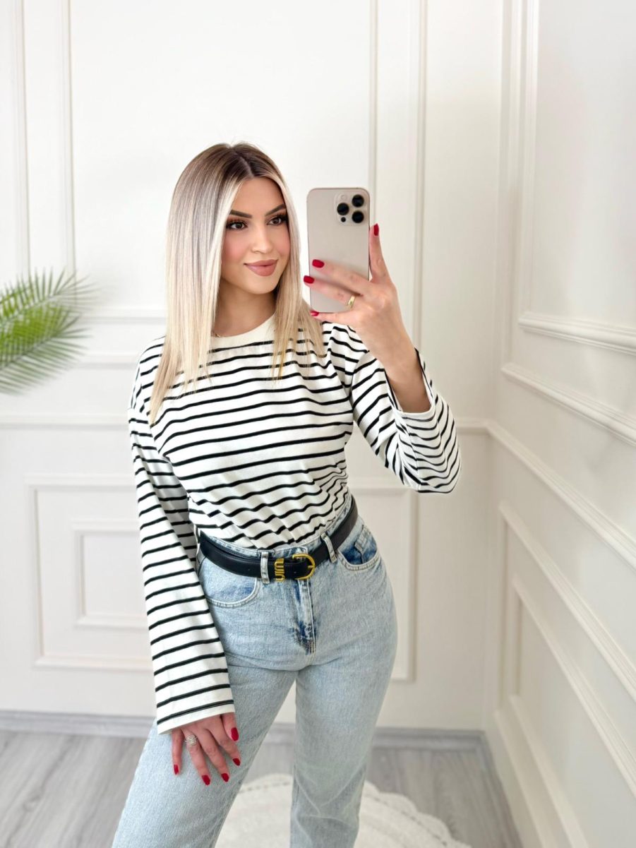 Ekru Siyah Çizgili Marka Model İnce Sweat - Görsel 2