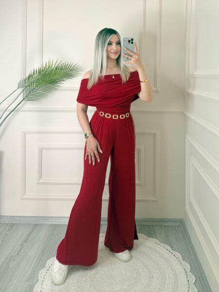 Kırmızı Madonna Yaka Büzgülü Bluz Pantolon Takım