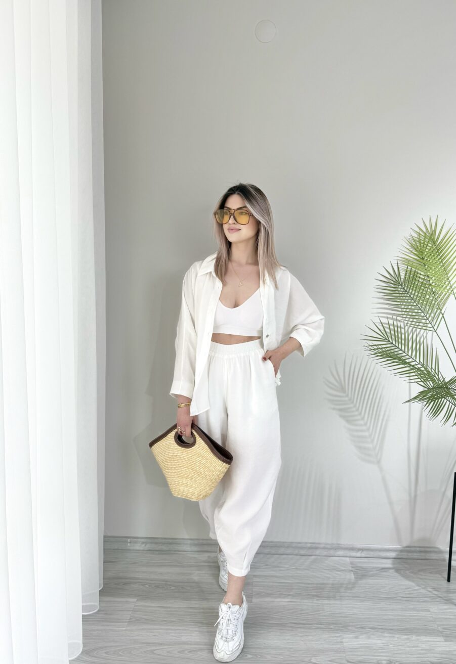 Beyaz Tensel Kumaş Şalvar Model Takım - Görsel 4