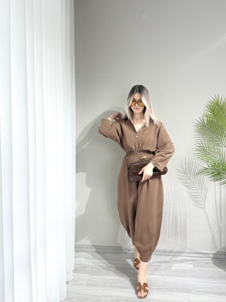 Kahverengi Tensel Kumaş Şalvar Model Takım