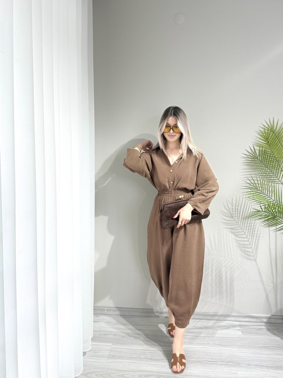 Kahverengi Tensel Kumaş Şalvar Model Takım