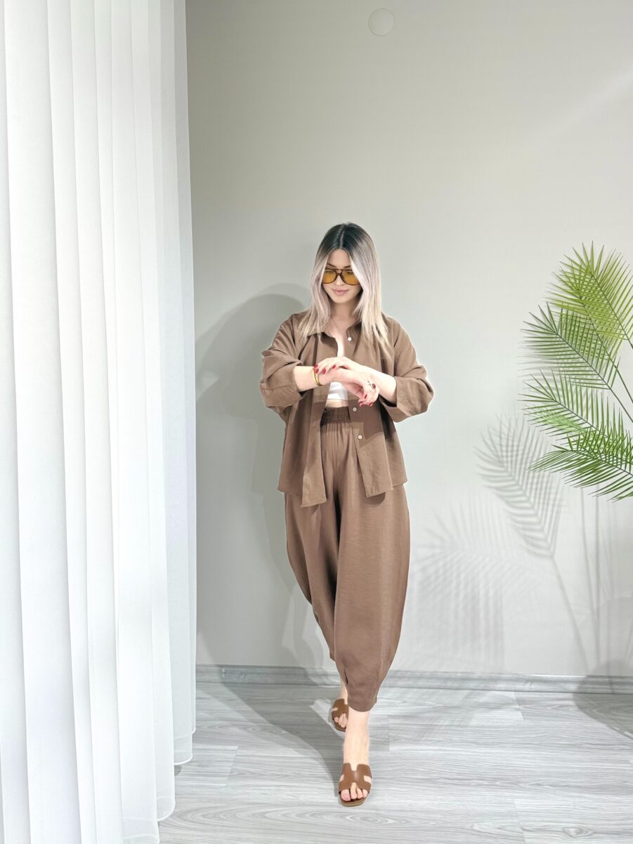 Kahverengi Tensel Kumaş Şalvar Model Takım - Görsel 2