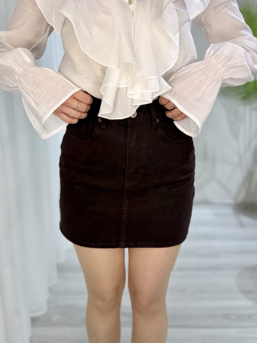 Kahverengi Mini Denim Etek