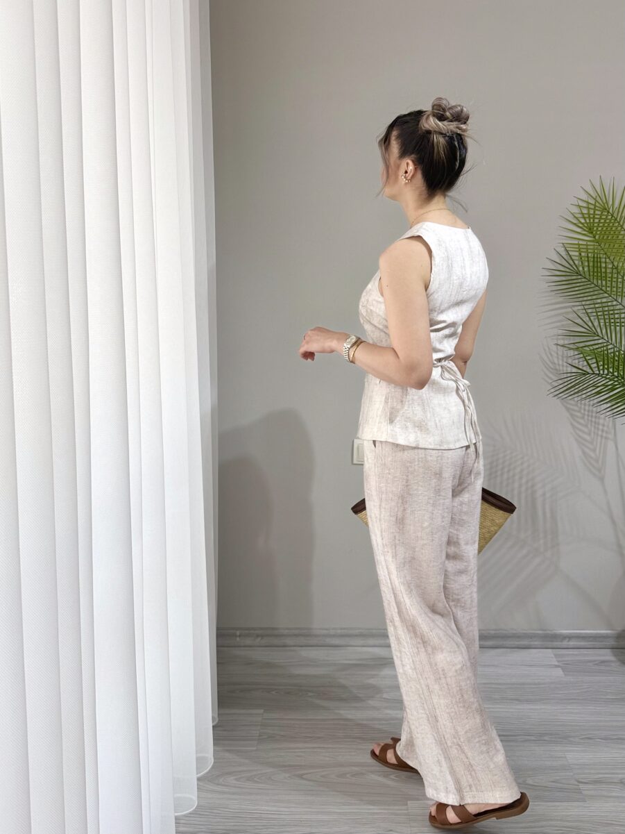Belden Bağlamalı Keten Yelek Pantolon Takım - Görsel 4