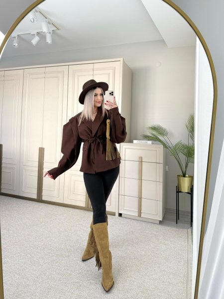 Kahverengi Maribo Vatkalı Kuşaklı Ceket