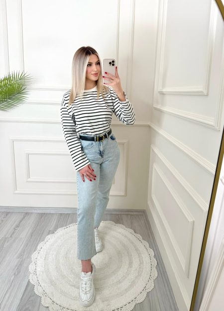 Ekru Siyah Çizgili Marka Model İnce Sweat