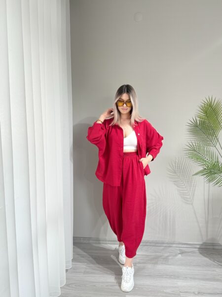 Kırmızı Tensel Kumaş Şalvar Model Takım