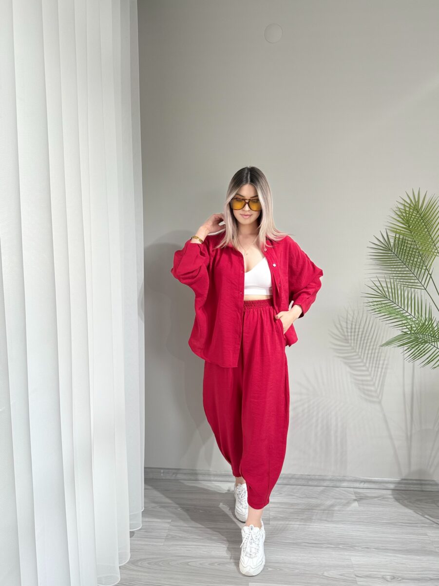 Kırmızı Tensel Kumaş Şalvar Model Takım
