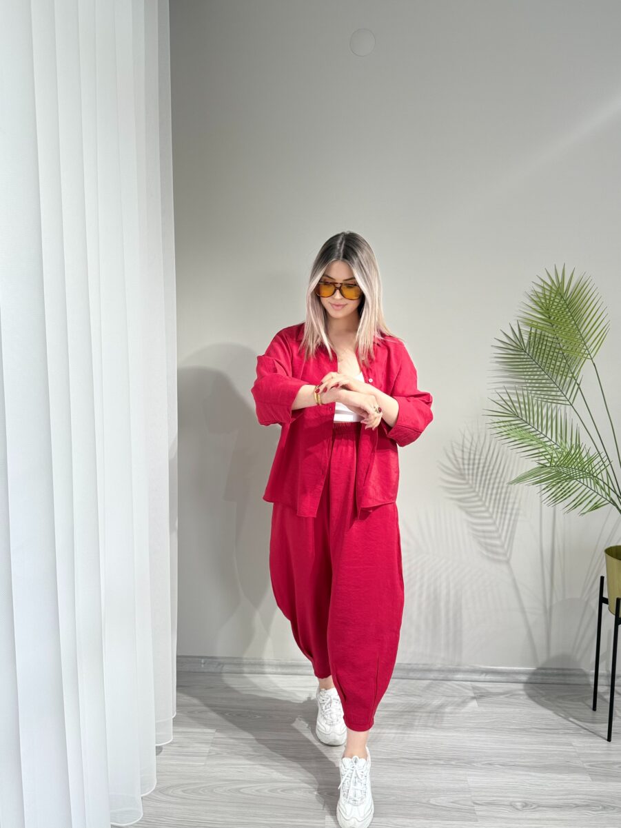 Kırmızı Tensel Kumaş Şalvar Model Takım - Görsel 2