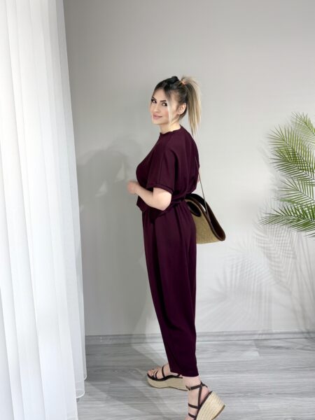 Bordo Bisiklet Yaka Modal Şalvar Pantolon Takım