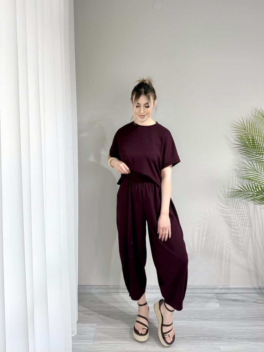 Bordo Bisiklet Yaka Modal Şalvar Pantolon Takım - Görsel 2