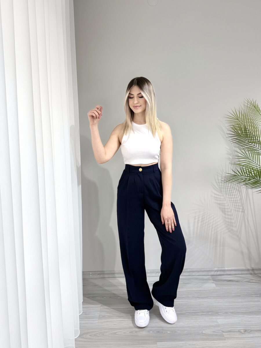 Lacivert Gold Düğme Detaylı Palazzo Pantolon - Görsel 2