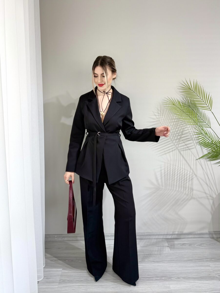 Siyah Pile Detaylı İnce Kemerli Blazer Pantolon Takım
