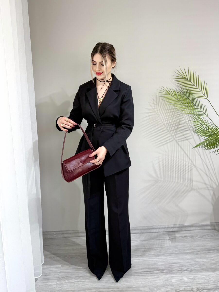 Siyah Pile Detaylı İnce Kemerli Blazer Pantolon Takım - Görsel 2