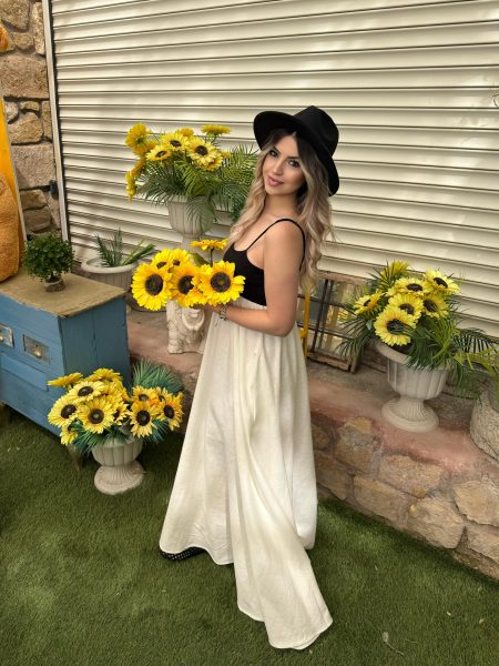 Ekru Patchwork Maxi Keten Elbise