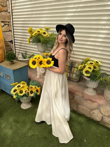 Ekru Patchwork Maxi Keten Elbise