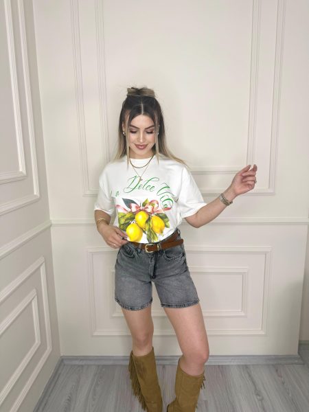 Beyaz La Dolce Vita Baskılı Tişört