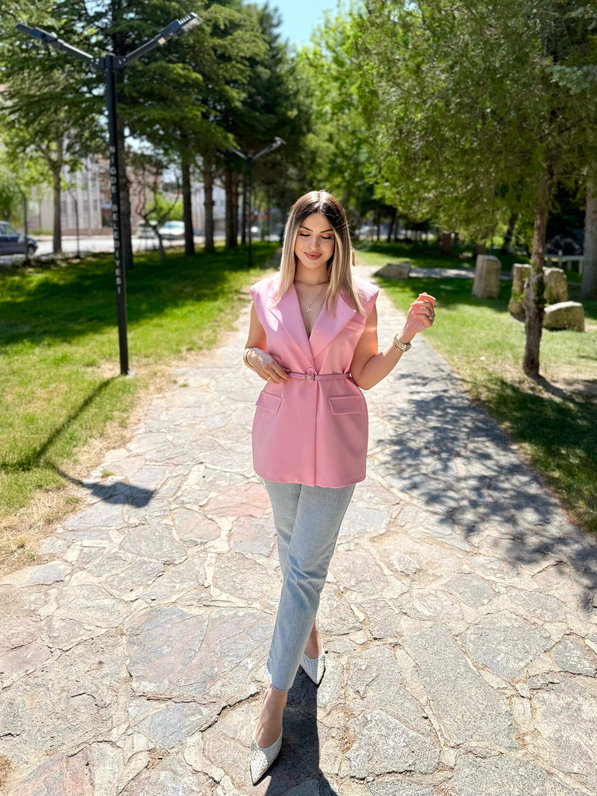 Pembe Vatkalı Kemerli Premium Blazer Yelek 3 Pembe Vatkalı Kemerli Premium Blazer Yelek - Görsel 3