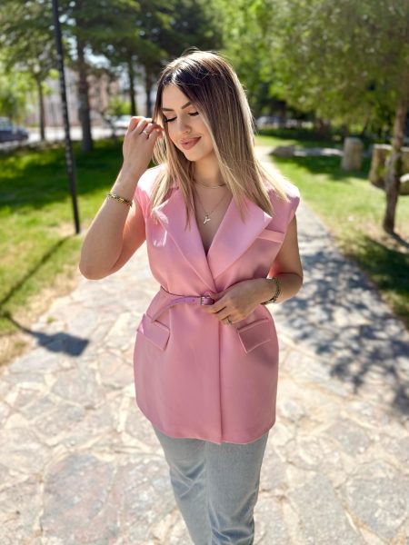 Pembe Vatkalı Kemerli Premium Blazer Yelek