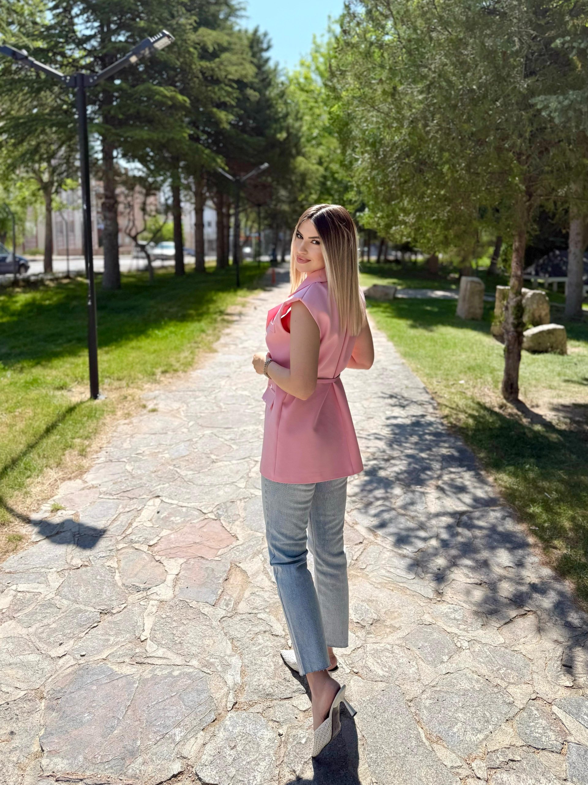 Pembe Vatkalı Kemerli Premium Blazer Yelek 5 Pembe Vatkalı Kemerli Premium Blazer Yelek - Görsel 5