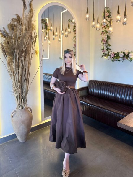 Kahverengi Debose Kısa Kollu Elbise