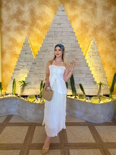 Beyaz Kırışık Uzun Etek