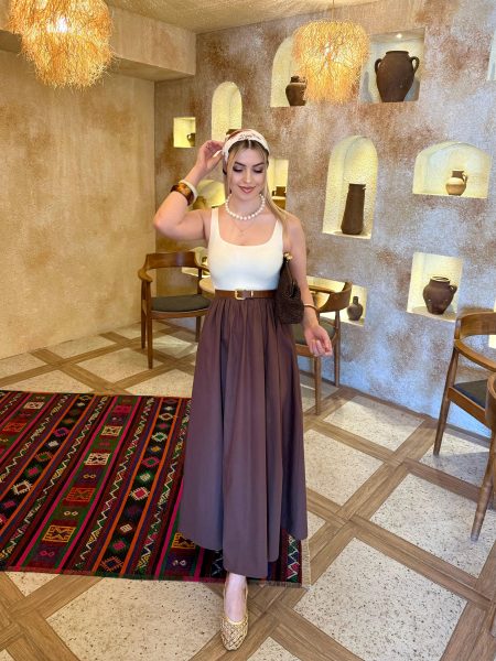 Kahverengi Sıfır Kollu Kloş Etekli Elbise