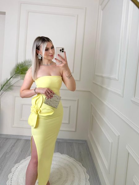 Orselle Sarı Gül Detaylı Straplez Elbise