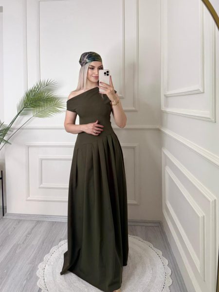 Haki Asimetrik Volanlı Elbise