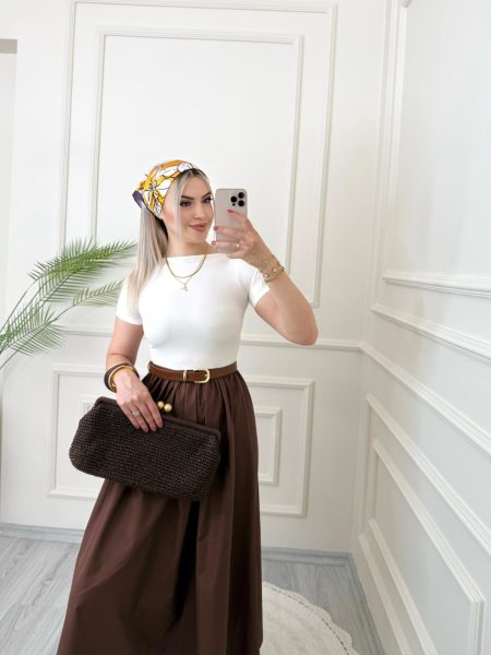 Kahverengi Beyaz Debose Kısa Kollu Elbise