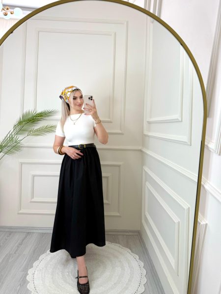 Siyah Beyaz Debose Kısa Kollu Elbise