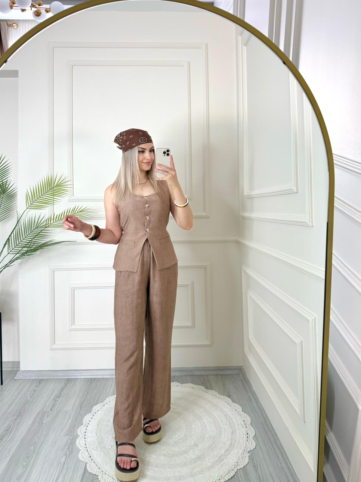 Kahverengi Belden Bağlamalı Keten Yelek Pantolon Takım 3 Kahverengi Belden Bağlamalı Keten Yelek Pantolon Takım - Görsel 3