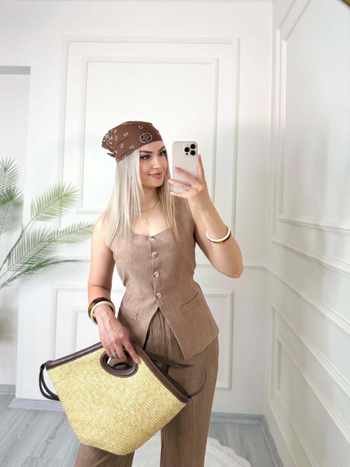 Kahverengi Belden Bağlamalı Keten Yelek Pantolon Takım 1 Kahverengi Belden Bağlamalı Keten Yelek Pantolon Takım