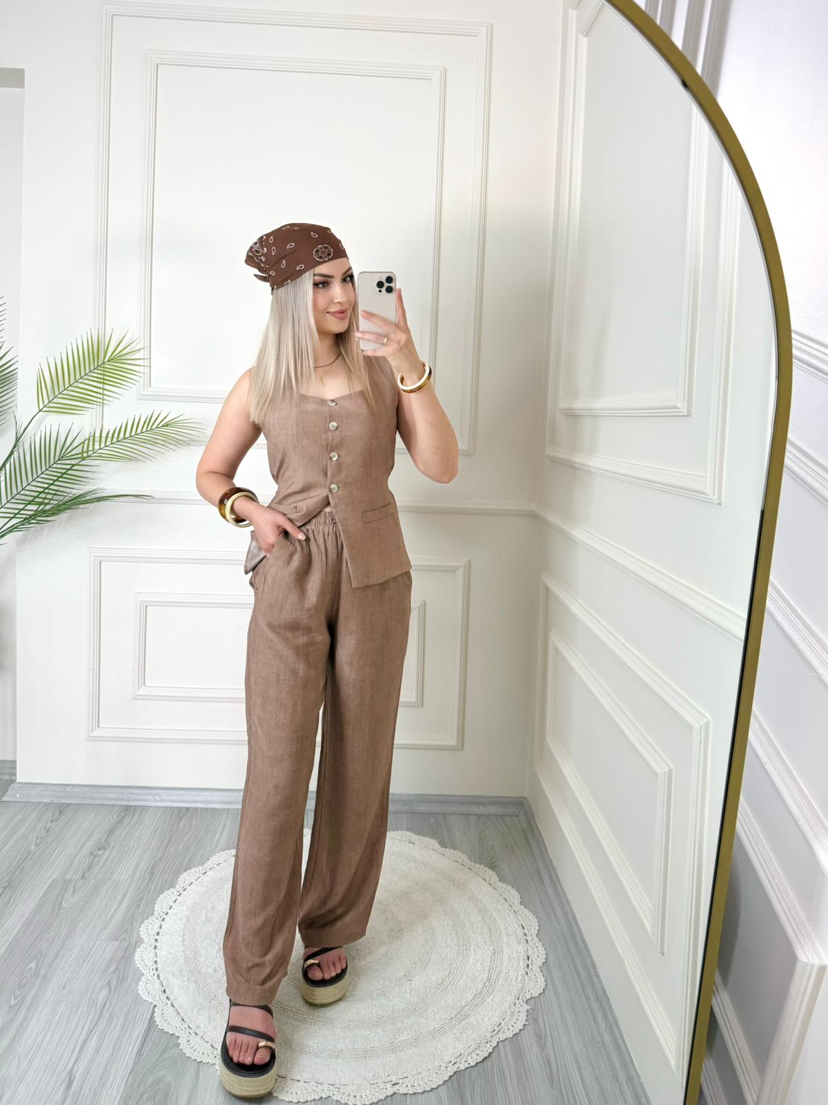 Kahverengi Belden Bağlamalı Keten Yelek Pantolon Takım 2 Kahverengi Belden Bağlamalı Keten Yelek Pantolon Takım - Görsel 2