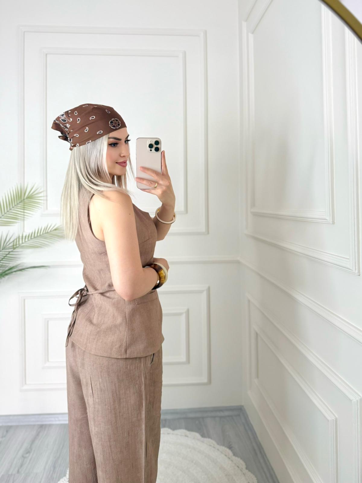 Kahverengi Belden Bağlamalı Keten Yelek Pantolon Takım 4 Kahverengi Belden Bağlamalı Keten Yelek Pantolon Takım - Görsel 4