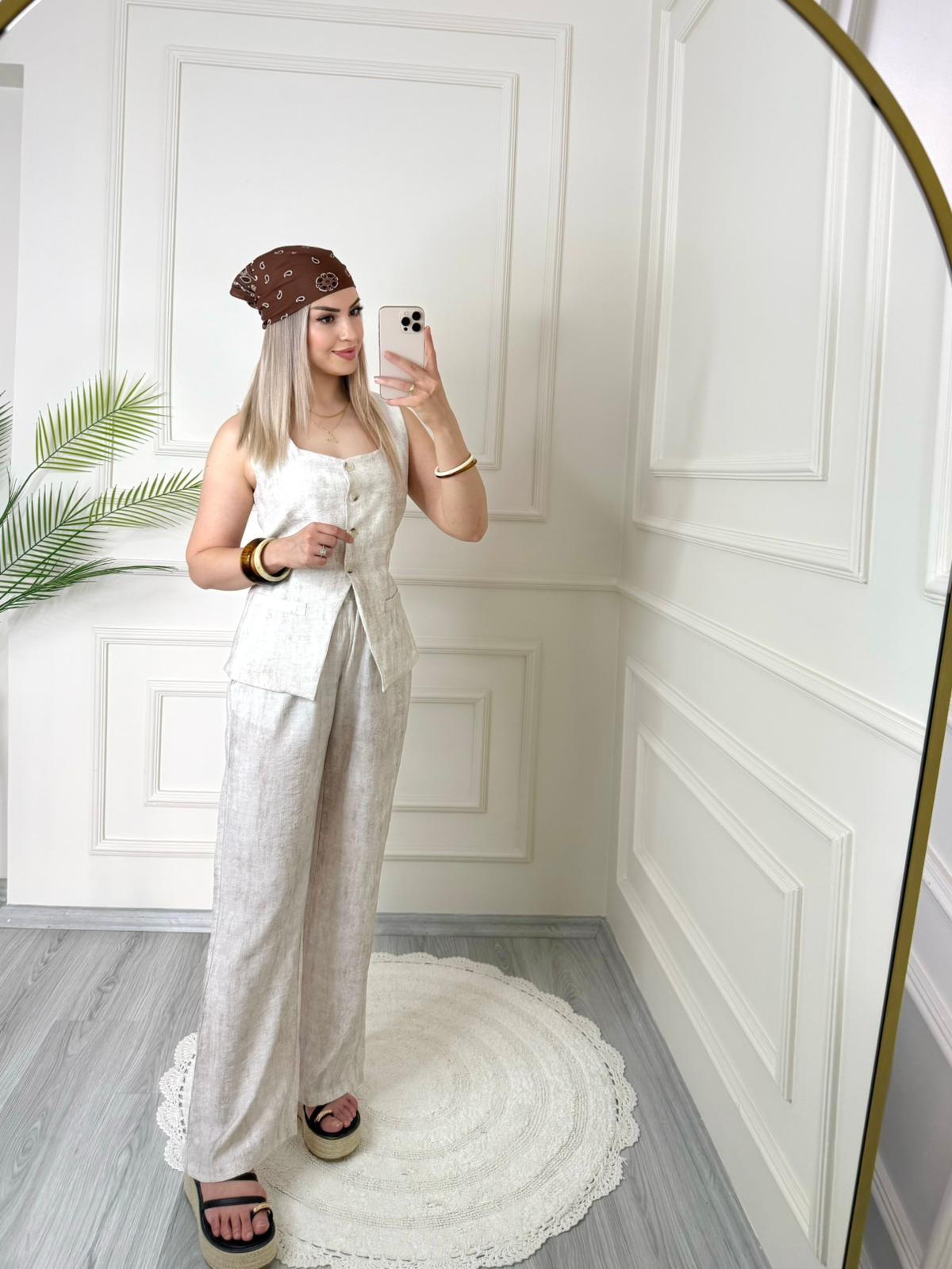 Taş Rengi Belden Bağlamalı Keten Yelek Pantolon Takım 3 Taş Rengi Belden Bağlamalı Keten Yelek Pantolon Takım - Görsel 3