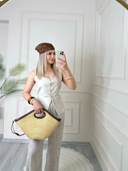 Taş Rengi Belden Bağlamalı Keten Yelek Pantolon Takım