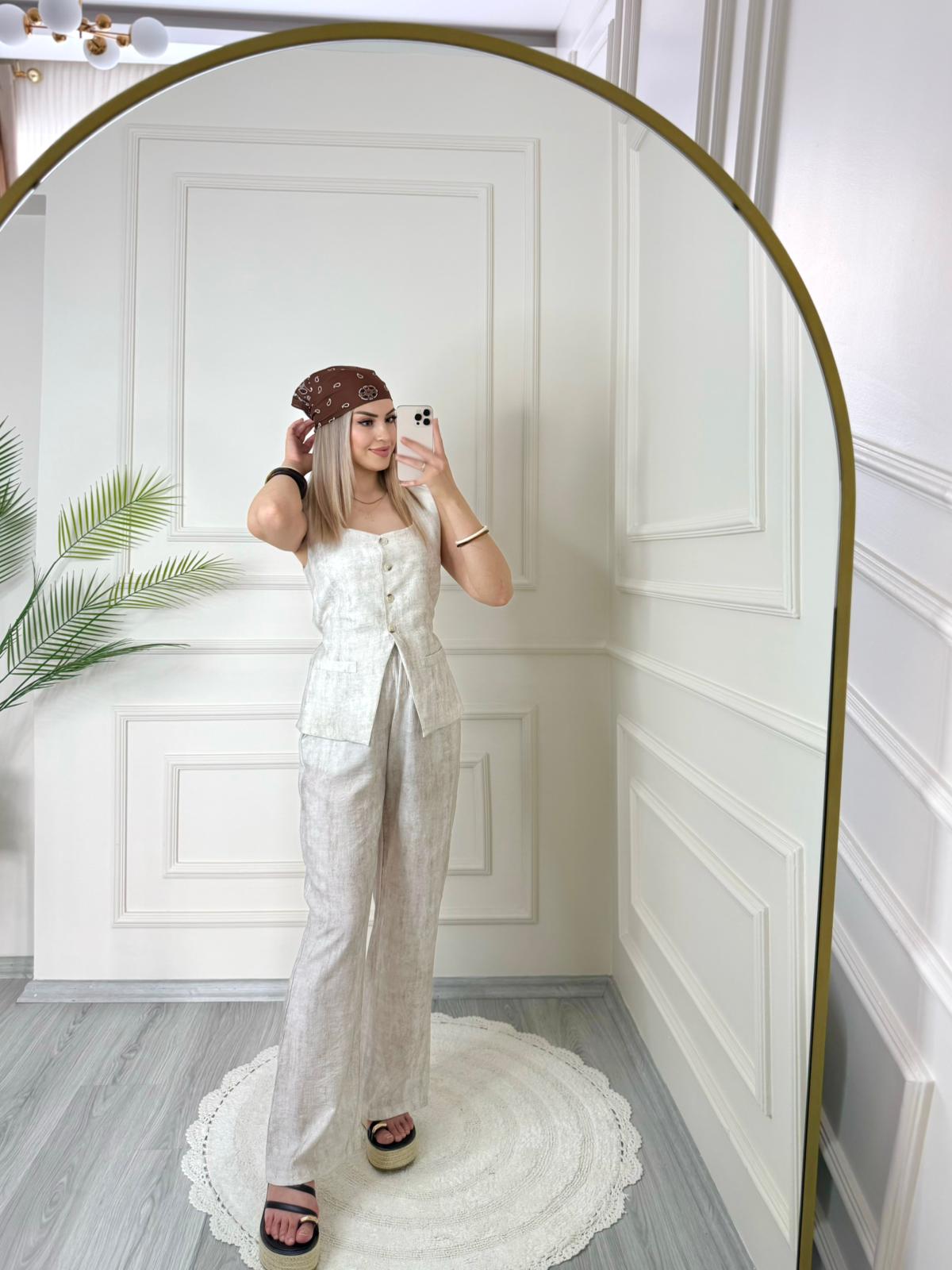 Taş Rengi Belden Bağlamalı Keten Yelek Pantolon Takım 2 Taş Rengi Belden Bağlamalı Keten Yelek Pantolon Takım - Görsel 2