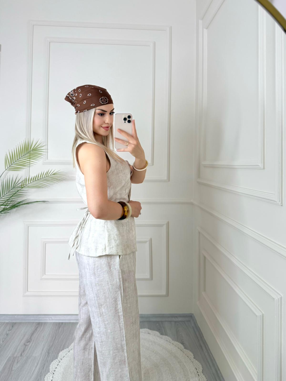 Taş Rengi Belden Bağlamalı Keten Yelek Pantolon Takım 4 Taş Rengi Belden Bağlamalı Keten Yelek Pantolon Takım - Görsel 4