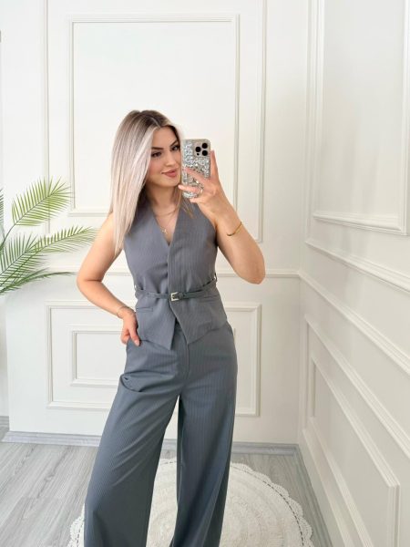 Gri Dik Çizgili Yelek Pantolon Takım