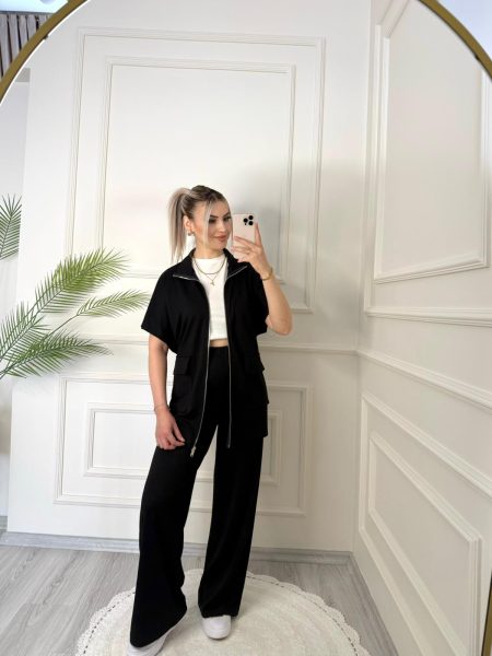 Siyah Ön Cep Detaylı Yelekli Modal Takım