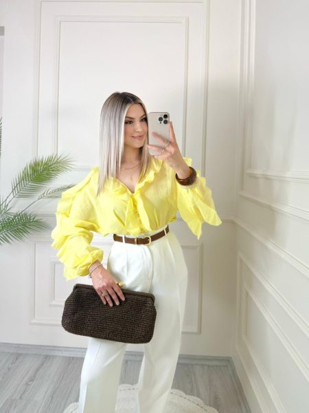 Sarı Volanlı Fırfırlı Transparan Gömlek