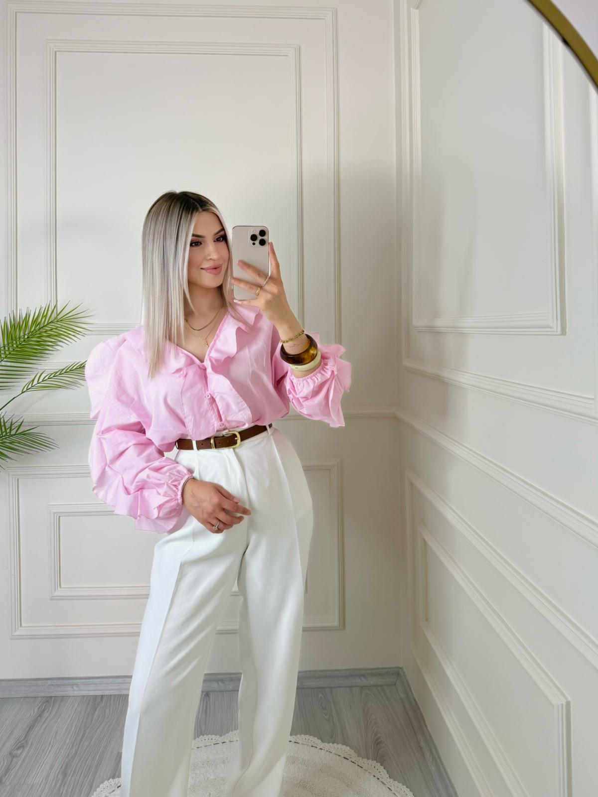 Pembe Volanlı Fırfırlı Transparan Gömlek 3 Pembe Volanlı Fırfırlı Transparan Gömlek - Görsel 3