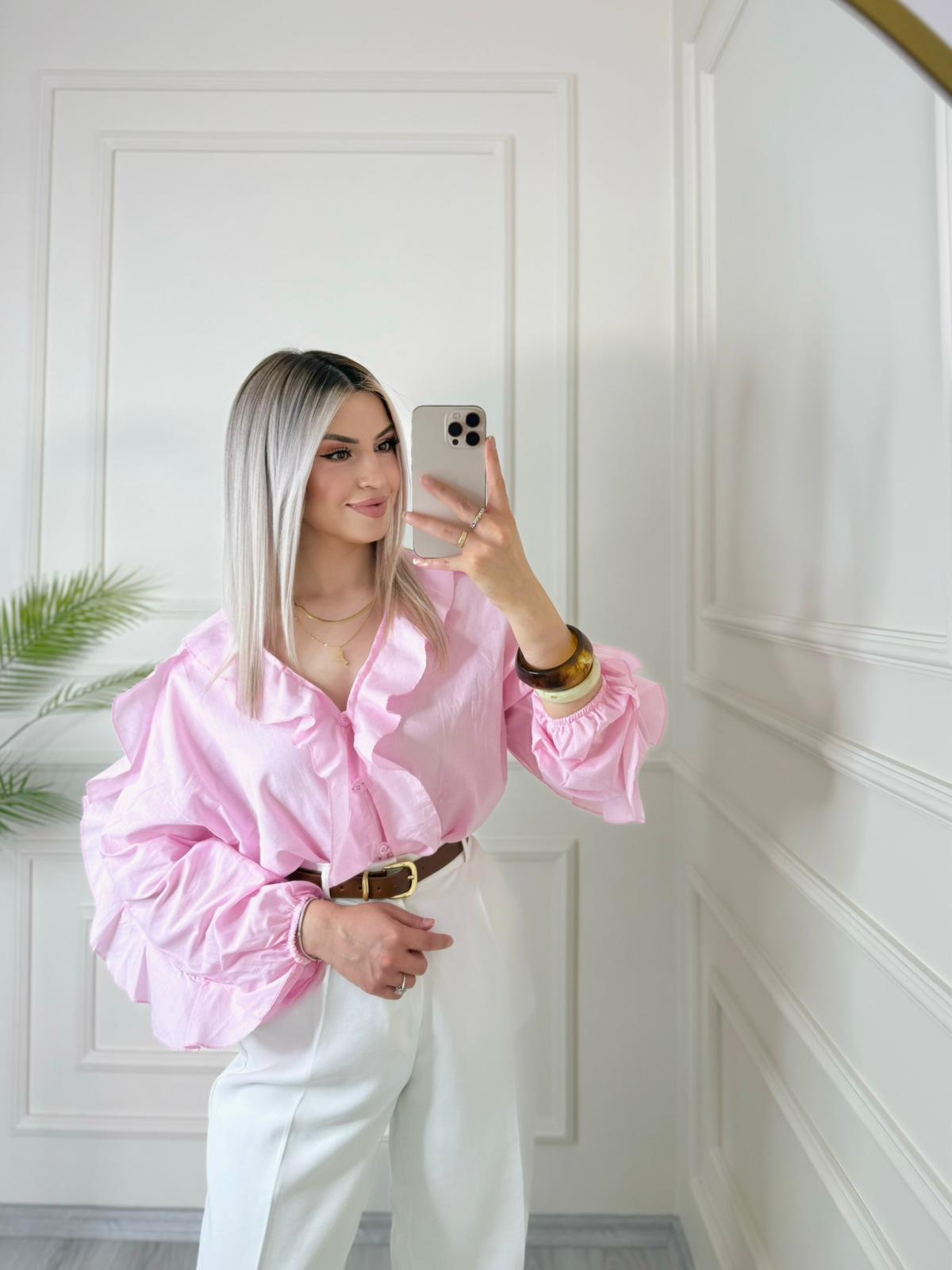 Pembe Volanlı Fırfırlı Transparan Gömlek 1 Pembe Volanlı Fırfırlı Transparan Gömlek