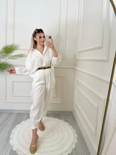 Beyaz Tensel Kumaş Şalvar Model Takım