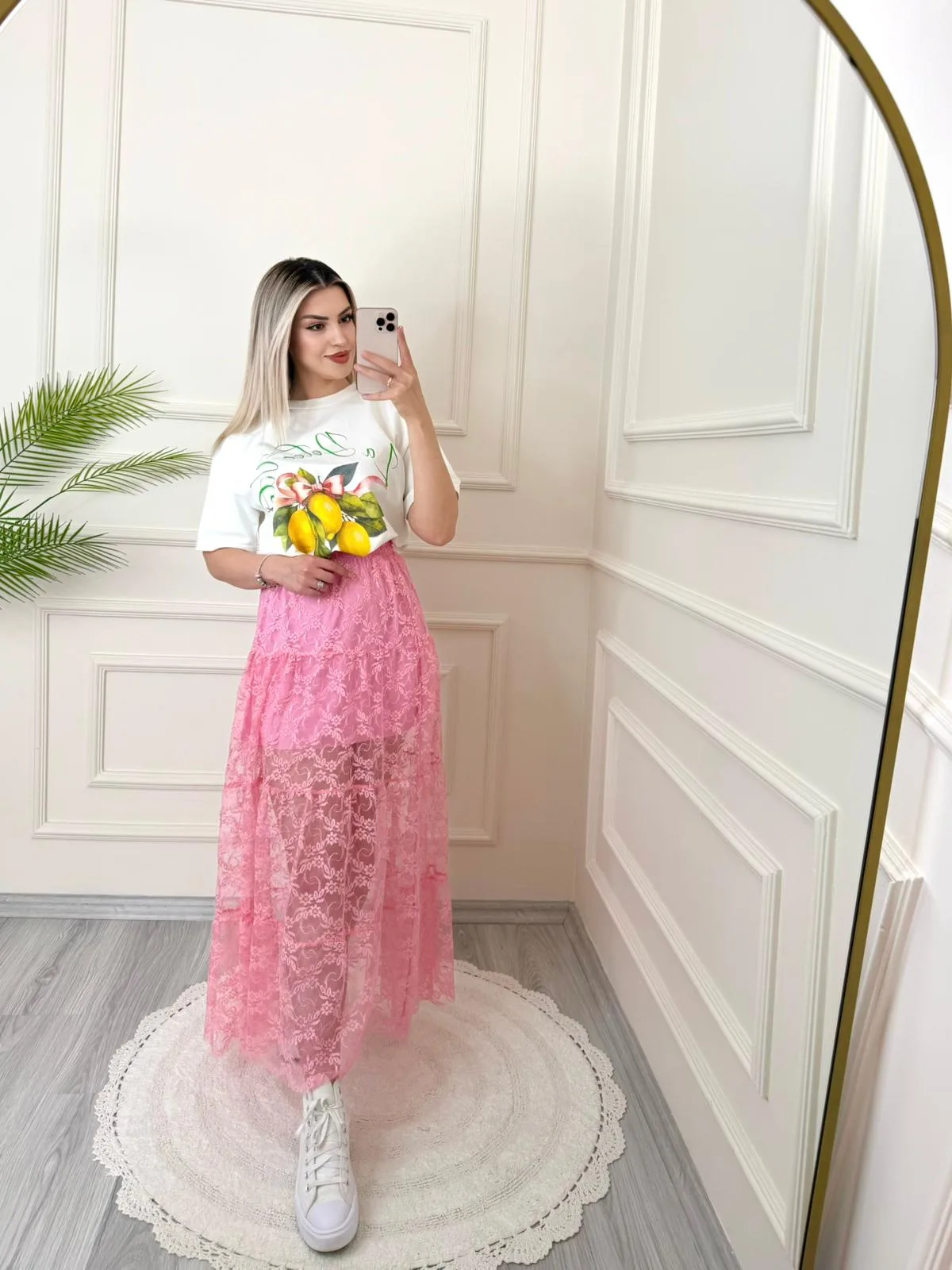 Pembe Dantelli Etek