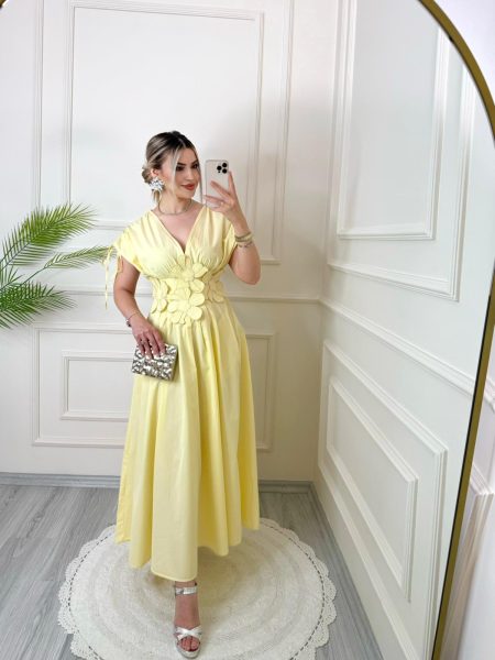 Sarı Üç Boyutlu Çiçekli Premium Elbise