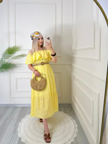 Sarı Madonna Yaka Kemer Detaylı Fisto Elbise