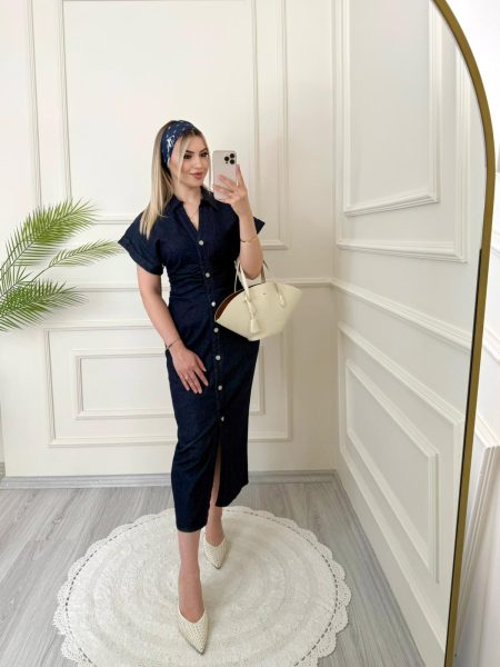 Zımba Detaylı Beli Büzgülü Denim Elbise