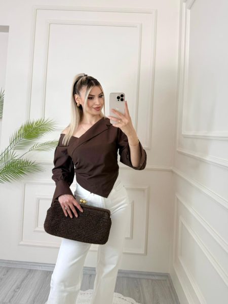 Kahverengi Açık Omuz Drapeli Gömlek